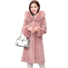 Большие размеры 4XL, новинка, Женское зимнее пальто с воротником из лисьего меха, теплое пальто из овчины, модное тонкое длинное шерстяное пальто с капюшоном, 500