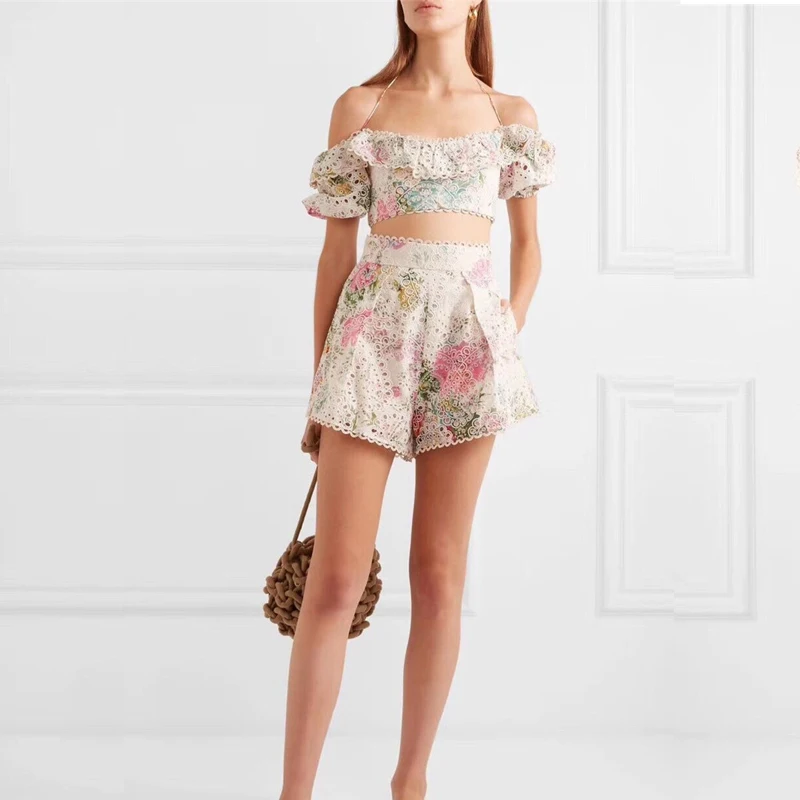 

Runway Designer Floral Print Woman Sets Off Shoulder Lace Hollow Out Tie Short Tops High Waist Embroidery Shorts Sexy Sets