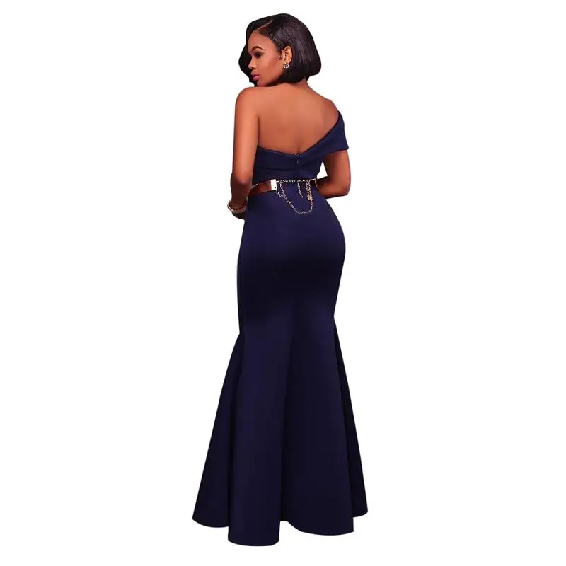 SEBOWEL Elegant Women One Shoulder Formal Party Dresses Vintage Sequin Belt Mermaid Irregular Neck Long Dress (7)