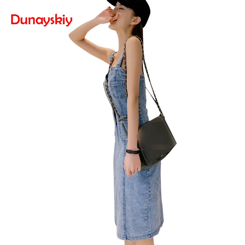 2019 Summer Women Denim Dress Sundress Cotton Overall Dress Jeans Dress with Slit Female Skinny Style Long Dresses