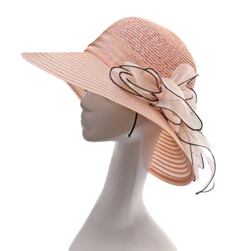 Женская шляпка-Вуалетка контрастного цвета с большим цветком и широкими полями, солнцезащитная, для чая, вечерние, винтажные, свадебные, солнцезащитный козырек - Цвет: PK