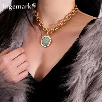 

Ingemark Punk Miami Round Coin Pendant Choker Necklace Vintage Green Stone Blue Crystal Dangle Thick Chain Long Necklace Jewelry