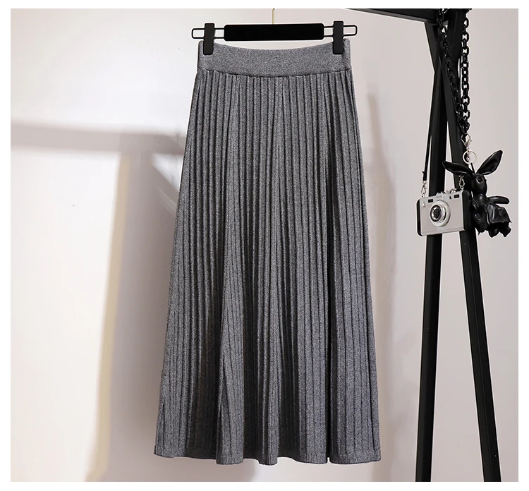 Осенняя Женская эластичная трикотажная серая однотонная плиссированная юбка с высокой талией, повседневные миди юбки, зимняя черная коричневая Расклешенная юбка трапециевидной формы