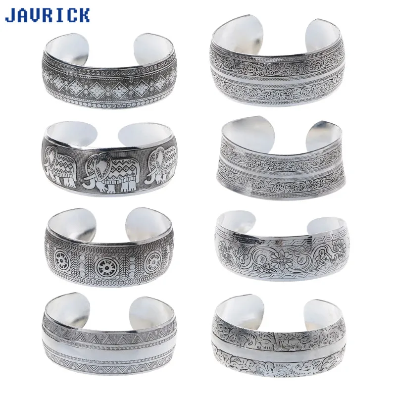 

JAVRICK Vintage Gypsy Ethnic Carved Wide Cuff Bangles Bracelets Tibetan Slivery Jewelry