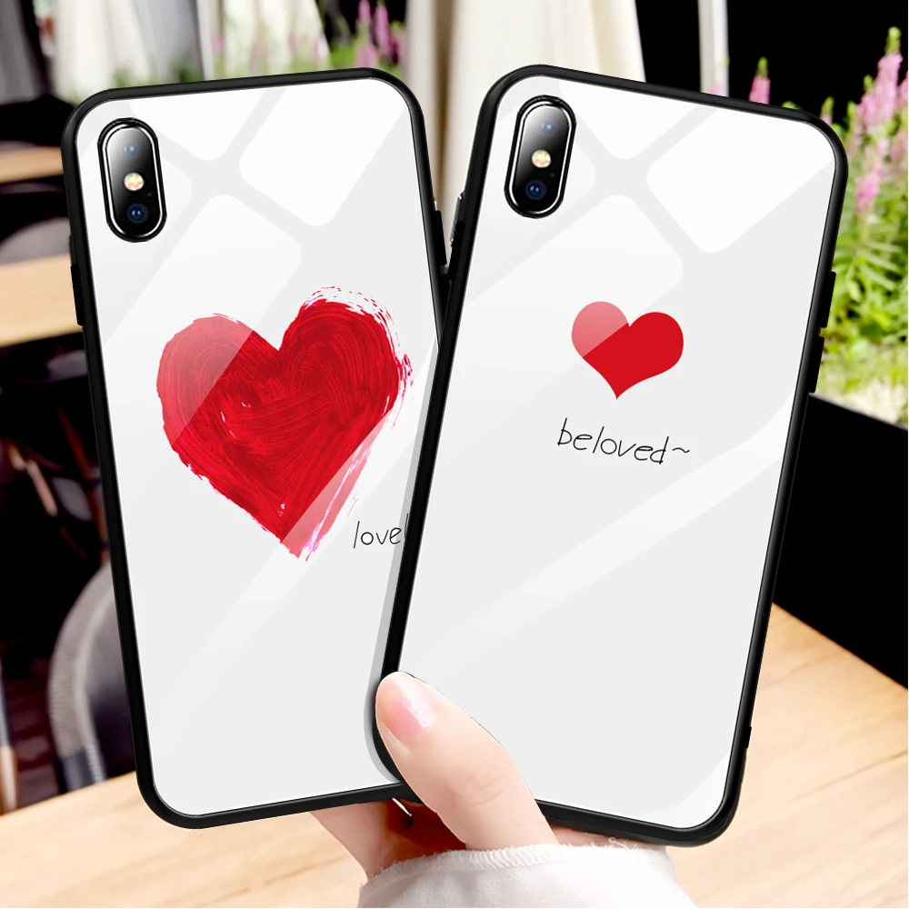 

Glossy Painted Pattern Cases For iPhone 7 6 S 6S 8 Plus XS Max XR X Tempered Glass Case Couple Love Heart TPU Frame Bumper