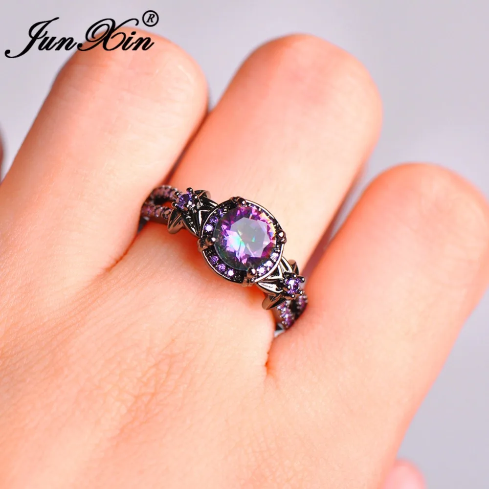 JUNXIN женское Радужное кольцо с голубым кристаллом, циркониевые кольца, Черное золото, Заполненные ювелирные изделия, винтажные обручальные кольца для женщин, подарки для лучших друзей