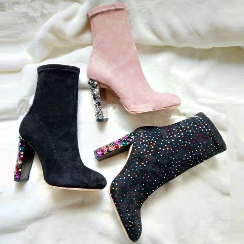 

2018 Autumn Winter Boots Luxury Brand Cow Suede Square Toe Thick Diamond High Heels Slip On Women Elegant Ankle Chelsea Boots 40