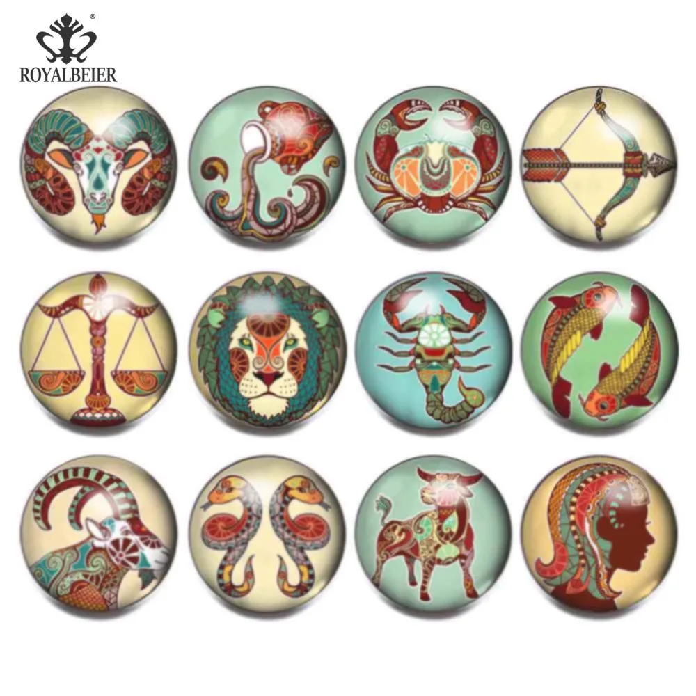 12pcs Snap Button 18mm Glass Charms Constellation&ampZodiac Theme Multi Pattern For 18-20mm Bracelet Jewelry KZ0972 | Украшения и