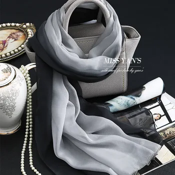 

Genuine Silk Women Scarf Fashion Classic Black Gray Gradient Scarves 2017 Spring Summer Winter Good Quality Shawl