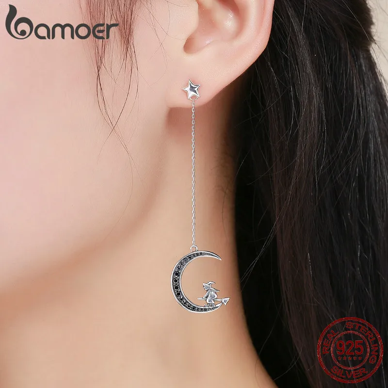 BAMOER Real 925 Sterling Silver Magic Witch in Moon Star Black CZ Long Drop Earrings for Women Sterling Silver Jewelry SCE287 - Image 5