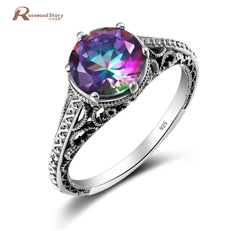 

Women Luxury Brand Jewelry 925 Sterling Silver Classic Ring Mystic Fire Rainbow Lab Topaz Crystal Rings for Wedding Party Gift