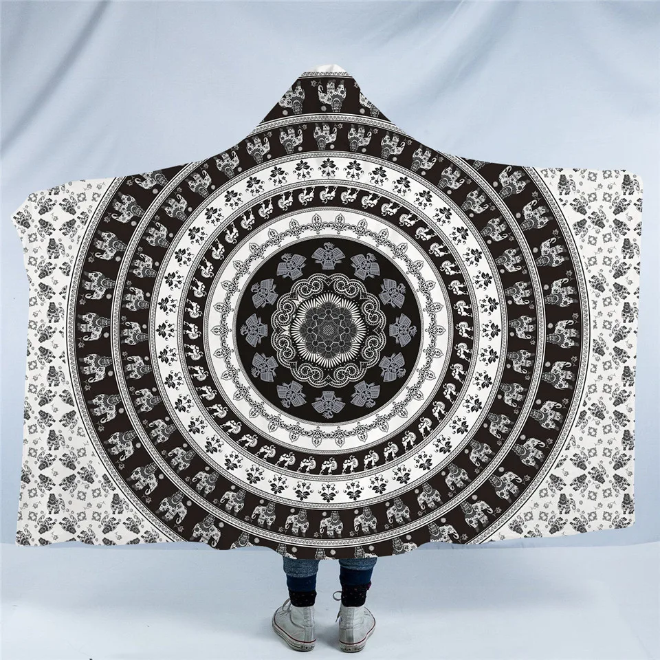 

Elephant Bohemian Hooded Blanket Mandala Sherpa Fleece Wearable Throw Blanket Adults Kids Red Black Blue Bedding
