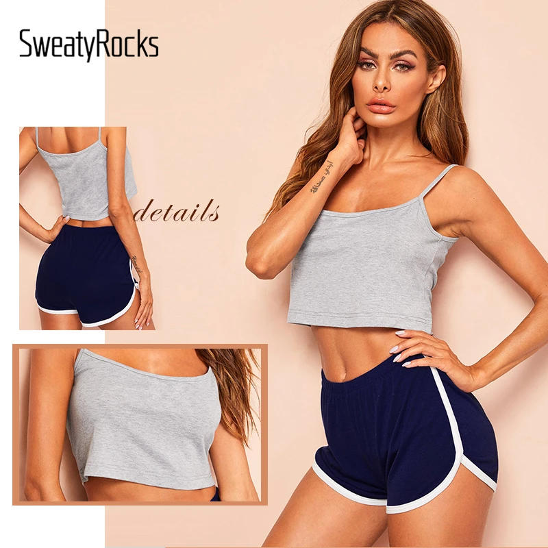 SweatyRocks Хизер трикотажные Cami и Дельфин шорты PJ набор летняя сексуальная одежда для сна женские шорты наборы Спагетти ремень пижамы наборы