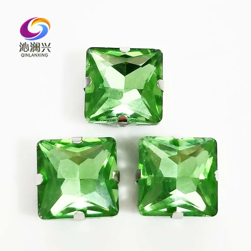 

Light green top quality Glass Crystal sew on stones,square shape claw rhinestone with holes,Diy/Clothing accessorie SWZ425