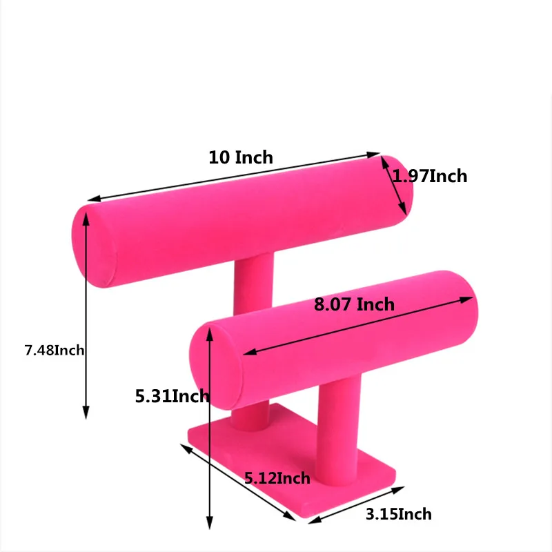 Бархатные кожаные украшения, демонстрационный держатель, браслет, часы, стенд, органайзер для хранения, Т-образная стойка, стойка, подарочные коробки для ювелирных изделий - Цвет: 2Layer-Fushia Velvet