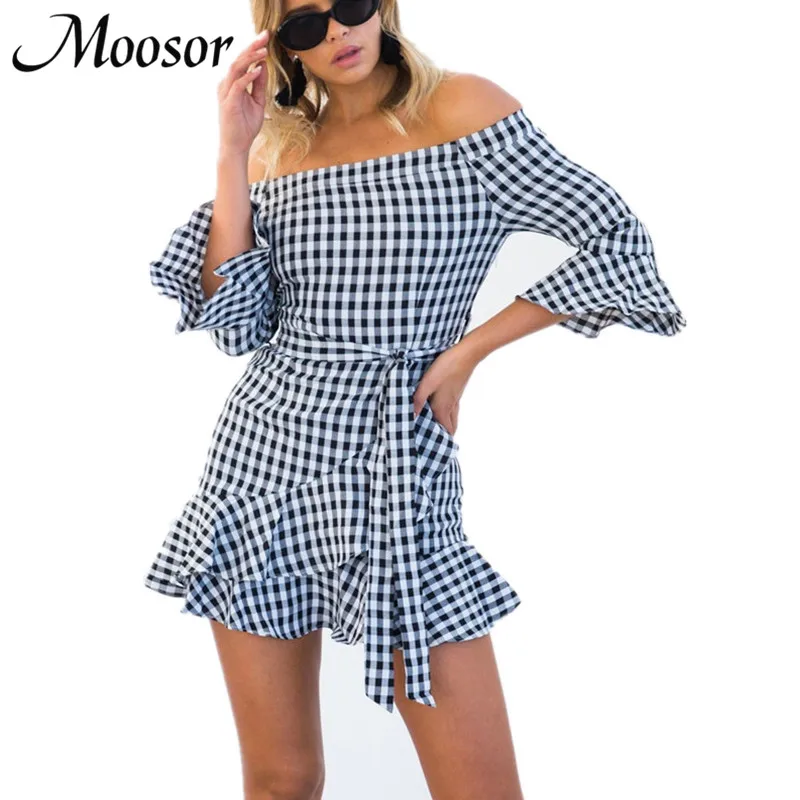 2017 высокое качество пикантные плед мини пляжное платье женские с плеча Новая