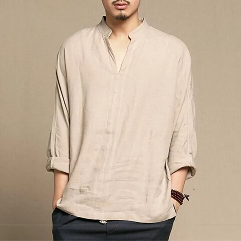 Китайский стиль ретро, хлопковая льняная одежда, мужская повседневная тонкая дышащая рубашка с длинным рукавом, Camisa Hombre, простая весенне-летняя коллекция - Цвет: Khaki