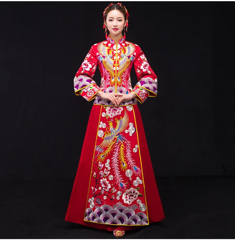 Ручной вышивкой Феникс изысканный Cheongsam восточный женский красный Qipao азиатских Свадебное платье Хан фу Костюмы костюм
