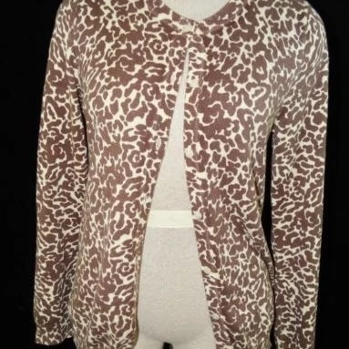 Lands End Kids cardigan sweater girls size L large 14 brown animal print sweater (1)
