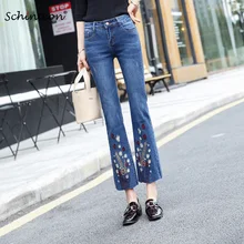 Schinteon плюс размер женские джинсовые брюки длиной до щиколотки с вышивкой Высокая талия эластичные брюки мода размер 38 40
