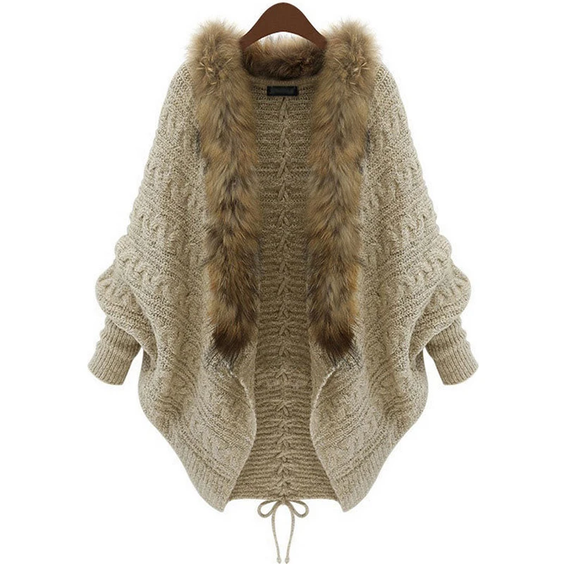 Европейский женский свитер новая мода осень зима размера плюс женский вязанный кардиган с рукавом летучая мышь меховой воротник свободный vestidos LXJ313
