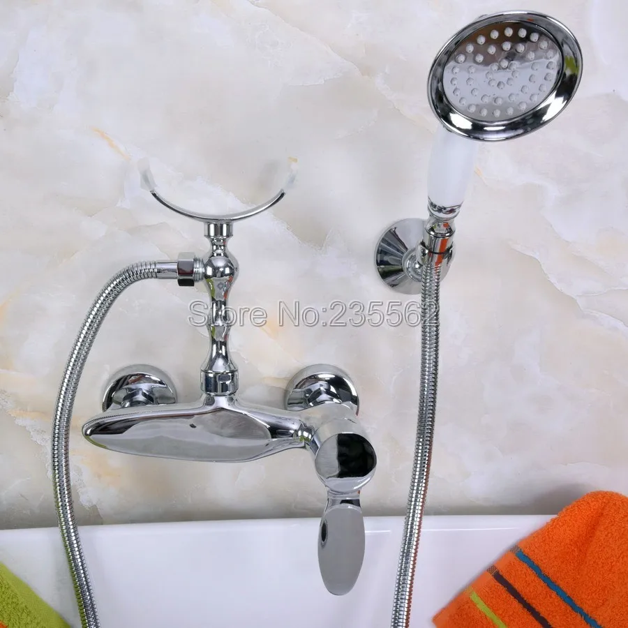 

Chrome Wall Mounted Clawfoot Bathtub Faucet w/Telephone Spary Mixer Tap lna257