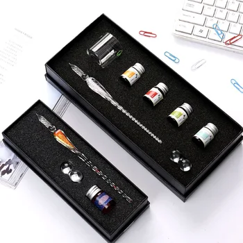 

High quality Handmade Crystal Glass Pen Flower Pattern Transparent Fountain Pen Delicate gift Set Color Ink Creative Writing pen