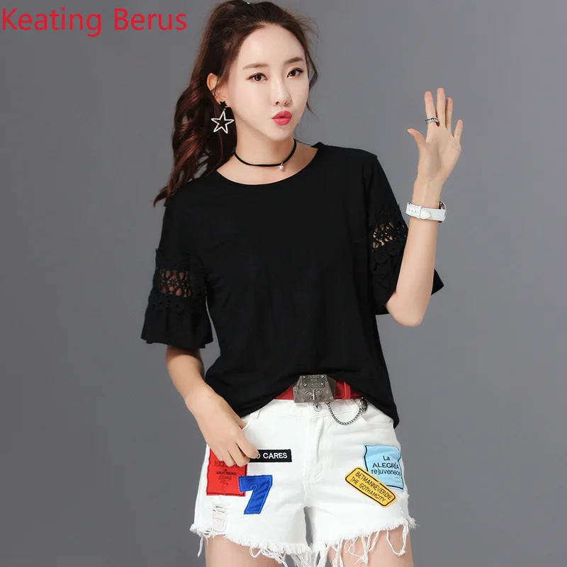 

Summer Women's Stitching Short-sleeved T-shirt Loose Round Neck Black Cool Tops Simple Fashion Women's Summer T-shirt 1203