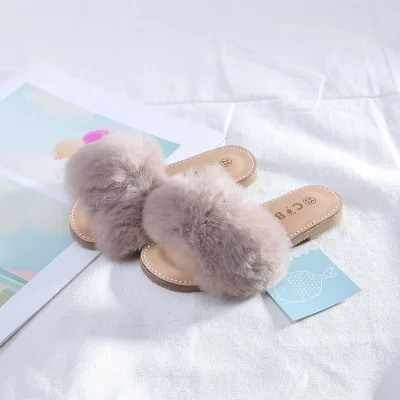 New Spring Plush Slippers Girls Slippers Real Rabbit Fur Shoes Open Toe Slippers All-match Childrens Shoes Summer Home Slippers - Цвет: one design