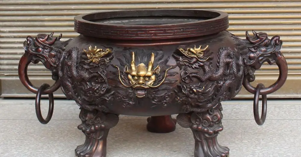 

30" Chinese Pure Bronze Gild Palace Dragon Loong Handle Incense Burner Censer