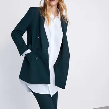 

Women Chic Yellow Blazer Pockets Bouble Dreasted Long Sleeve Office Wear Coat Notched Solid Fmale Casual Outerwear