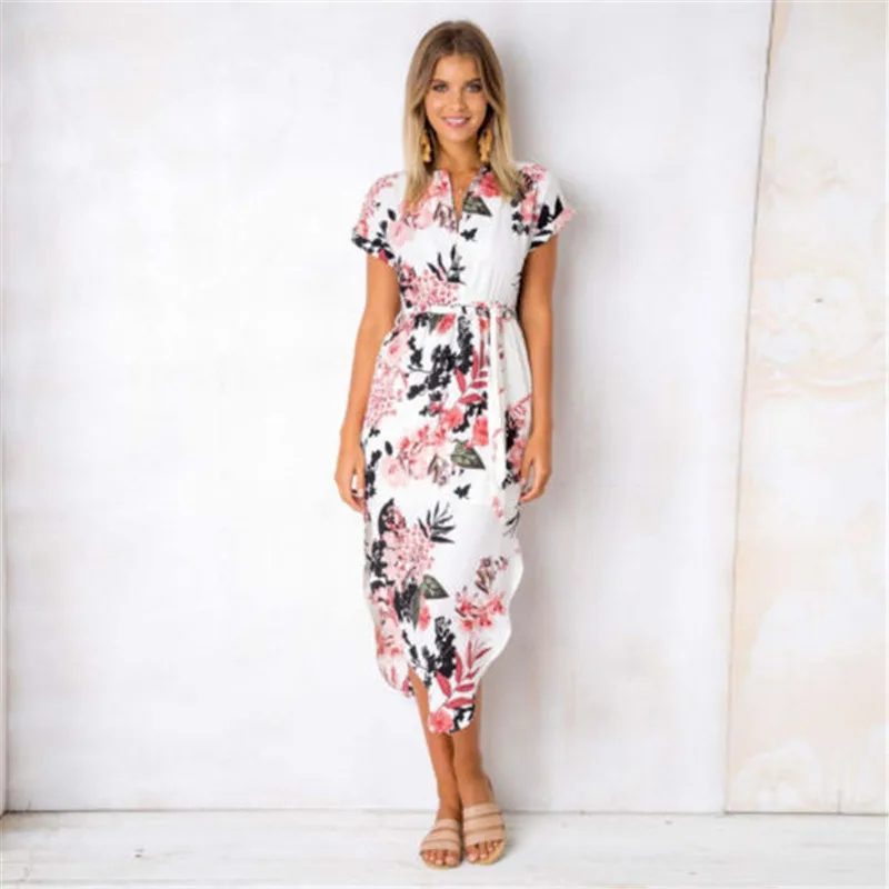 Hot Sexy Popular Fashion Causal V Neck Side Split Ladies Noble Lacing Up Womens Summer Floral Print Evening Party Midi Dress | Женская
