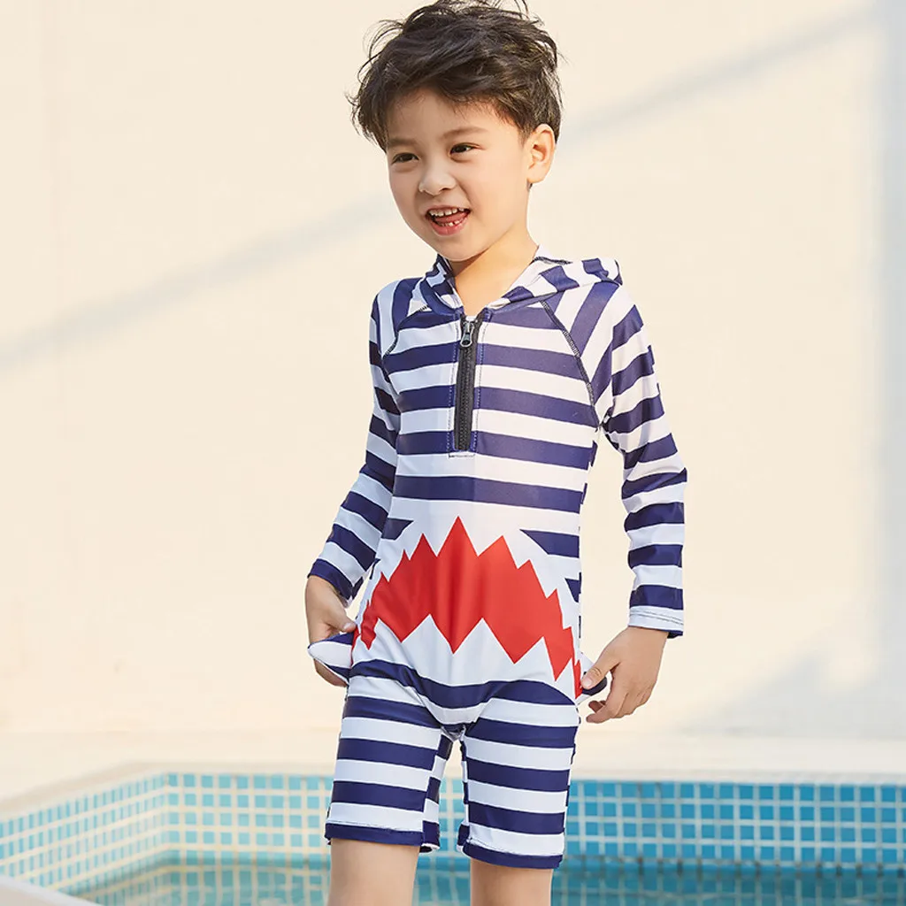 New summer bathing suit Boys Long Sleeve Conjoined Boxer Shark Print Swimsuit Hooded Sunscreen Swimwear 30