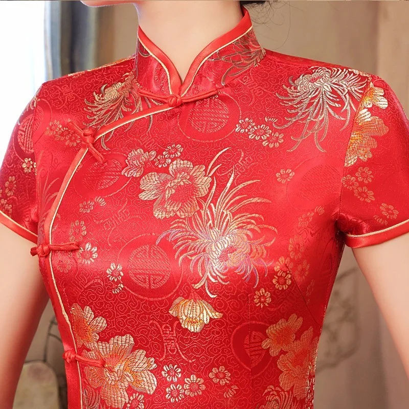 Современные Cheongsam Китайский Красный Сельма район Cheongsam Qipao летние шорты рукавом длинное платье китайский Восточный платья