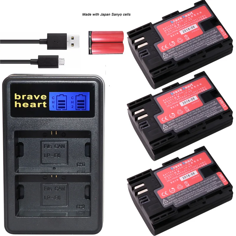 

LPE6 LP-E6 LP E6 Battery Japan Cells + Dual Charger LED Display for Canon LP-E6,LP-E6N, EOS 80D,6D, 7D, 70D, 60D,5Ds,5D Mark