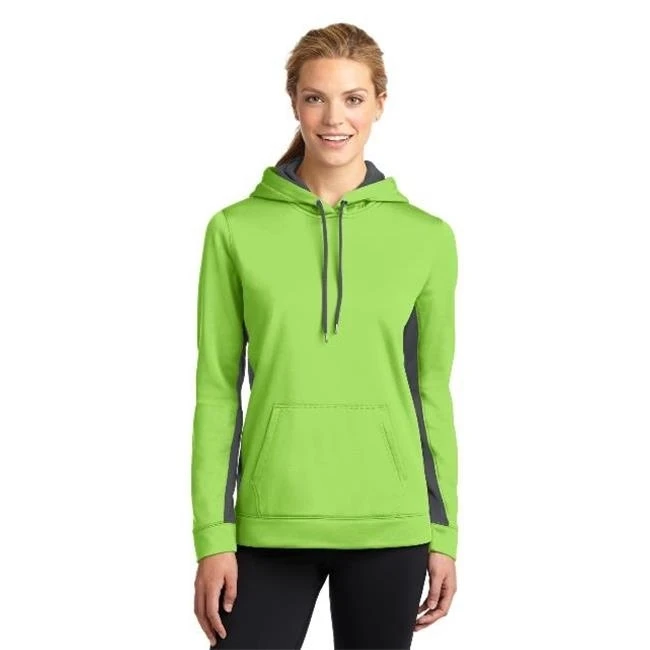 Sport-Tek LST235 Ladies Sport-Wick Fleece Colorblock Hooded Pullover Lime Shock & Dark Smoke Grey - Extra Small
