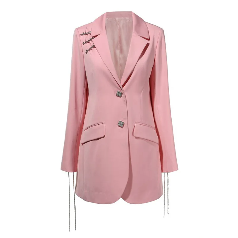 2019 New Spring Autumn Ladies Long Blazers Casual Crystal Button Long Sleeve Blazer Femme Elegant Pink Tassel Runway Blazer 2019 New Spring Autumn Ladies Long Blazers Casual Crystal Button Long Sleeve Blazer Femme Elegant Pink Tassel Runway Blazer