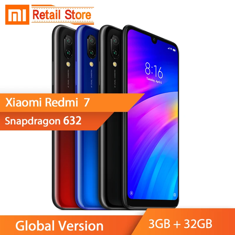 

Global Version Xiaomi Redmi 7 Redmi7 3GB + 32GB Mobile Phone Snapdragon 632 12+2MP Cam 6.26'' Screen 4000mAh Dual Sim