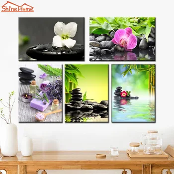 

ShineHome-5 Pieces Canvas Prints Modular Painting Yoga Spa Salon Nail Body Massage Zen Stone Bamboo Art Picture on Kitchen Wall