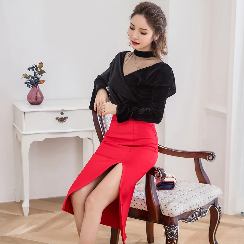 Women Skirts 2018 Spring High Waist Midi Lenght Tight Skirt Red Black Split Bodycon Pencil Skirt Elegant Womens Wedding Skirts