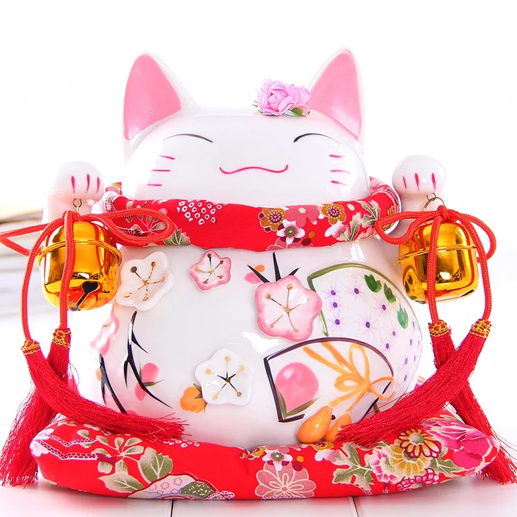 8 дюймов керамика Maneki Neko орнамент розовый белый lute дизайн Lucky Cat Копилка фигурка домашний декор Фортуна кошка с колокольчиком - Цвет: A