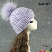 Модные женские зимние ангорские мягкие шапки с помпонами из натурального меха енота вязаные шапки с помпоном