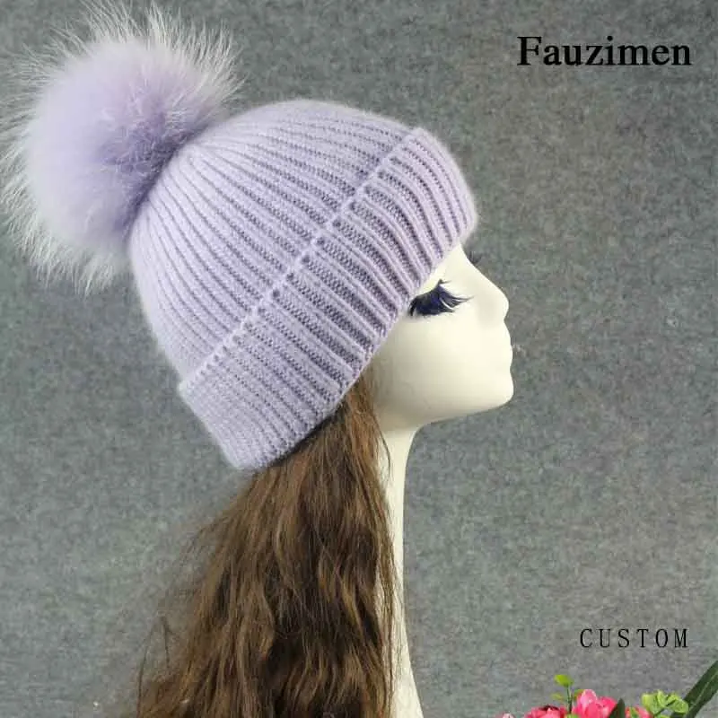 

Fashion Women Winter Angora Soft Hats Real Raccoon Fur Pom Poms Knitted Caps Fur Pompom Hats