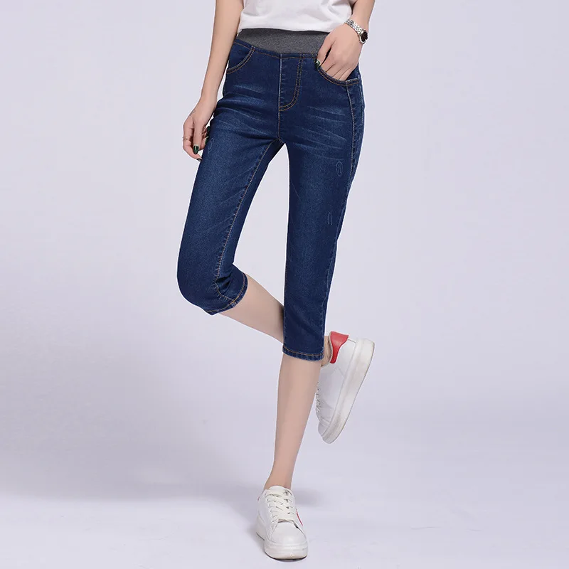 WKOUD Plus Size Women Jeans Capris Summer Calf-length Pencil Pants Stretch High Waist Denim Trousers Mom Jean Casual Pants P9079