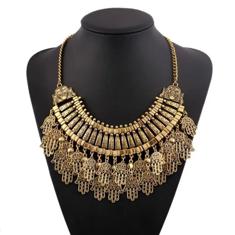 

Bohemian Good Luck Cluster Evil Eye Hamsa Hand of Fatima Tassel Statement Necklace Turkish Gypsy Ethnic Tribal Jewelry