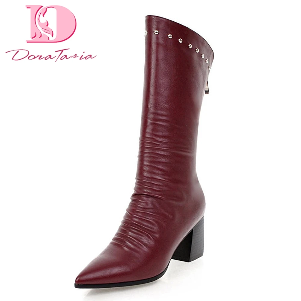 

Doratasia 2018 Large Size 33-43 Add Fur Hot Sale Winter Boots Women Shoes Zip Up High Heels mid-calf Boots Female Shoes Woman