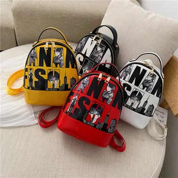 

New patent leather mini shoulder bag personality graffiti character student street female bag shoulder diagonal package
