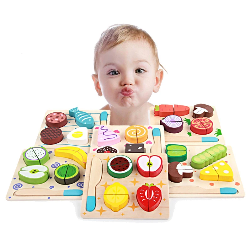 

Montessori Toys Educational Wooden Toys for Children Early Learning 3D Kitchen Cutting Fruit Vegetables Board Real Life Games