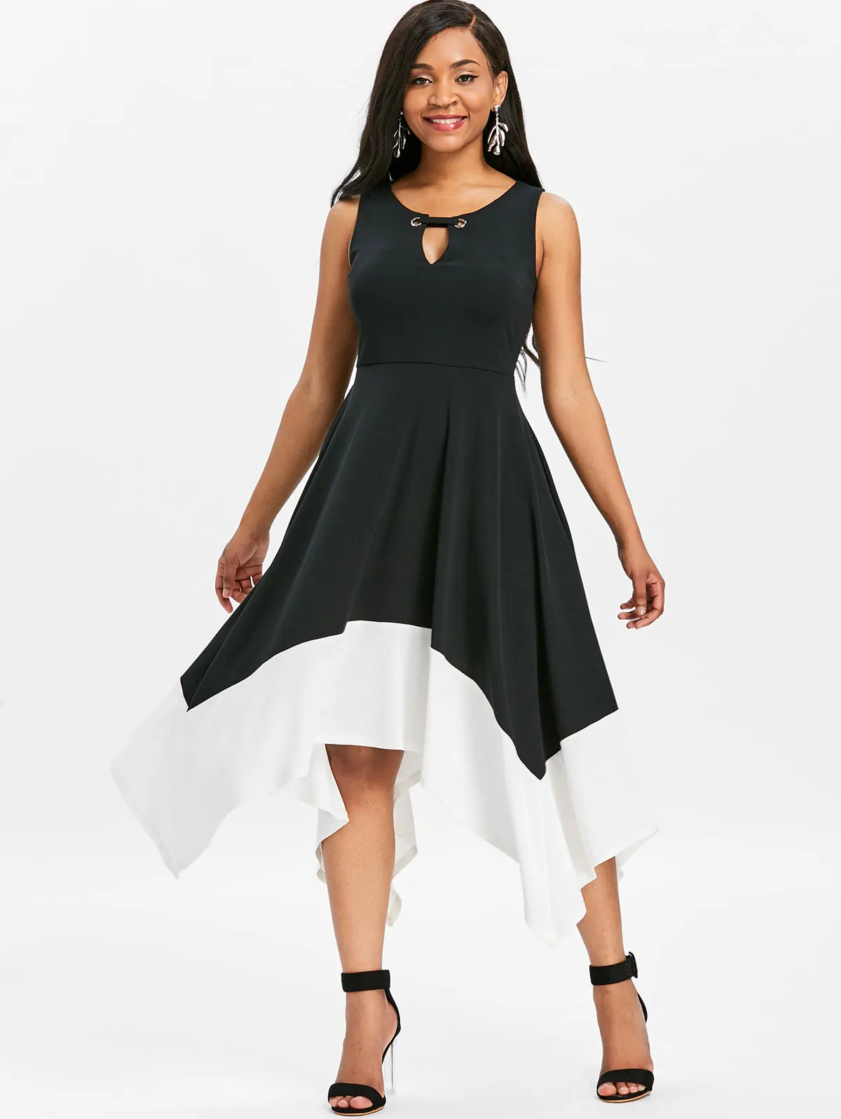 VESTLINDA Keyhole Neck Color Block White Black Handkerchief Dress Summer 2018 Asymmetrical Midi Ves