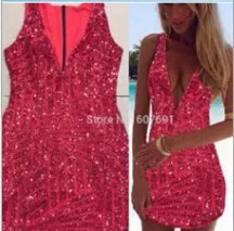2016 Vestidos Robe De Fiesta Limited New Arrival Party Dresses Summer Dress Sexy V Collar Sleeveless Sequined Club Bar Women